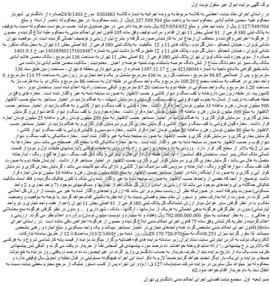 مزایده ملک به پلاک ثبتی 380 فرعی از 81 اصلی