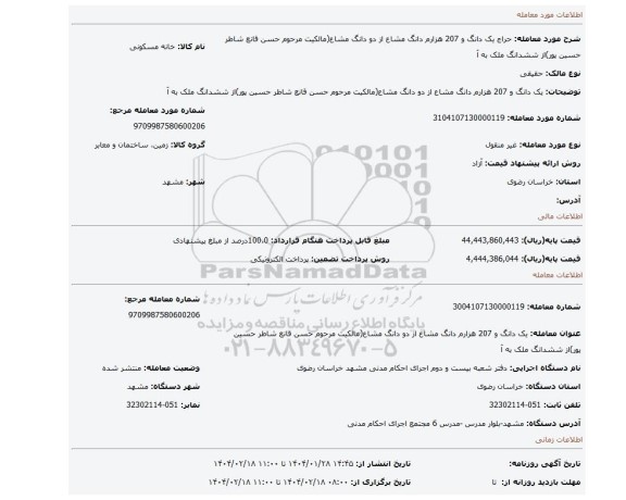 مزایده، یک دانگ و 207 هزارم دانگ مشاع از دو دانگ مشاع(مالکیت مرحوم حسن قانع شاطر حسین پور)از ششدانگ ملک به آ