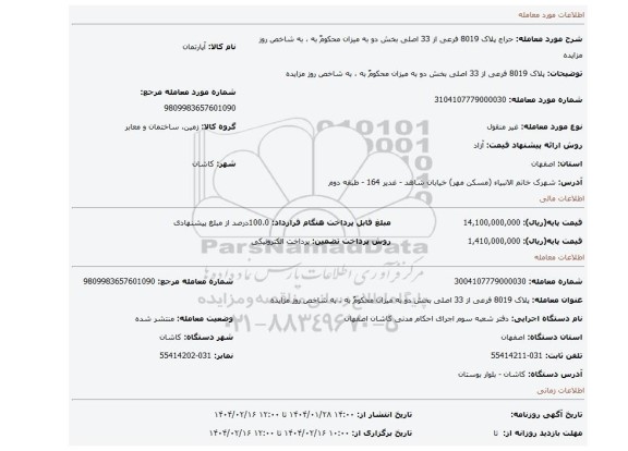 مزایده، پلاک 8019 فرعی از 33 اصلی بخش دو به میزان محکومٌ به ، به شاخص روز مزایده
