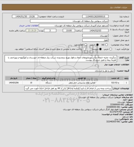استعلام بارگیری- تخلیه -انتقال ترانسفورماتورهای انتقال و فوق توزیع درمحدوده شرکت برق منطقه ای خوزستان و کهگیلویه و بویراحمد با هزینه بیمه و طبق شرح کار پیوست