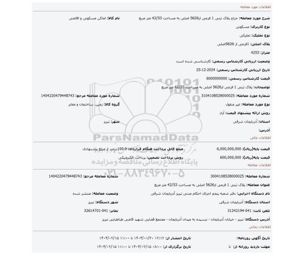 مزایده، پلاک ثبتی 1 فرعی از5626 اصلی به مساحت 42/53 متر مربع