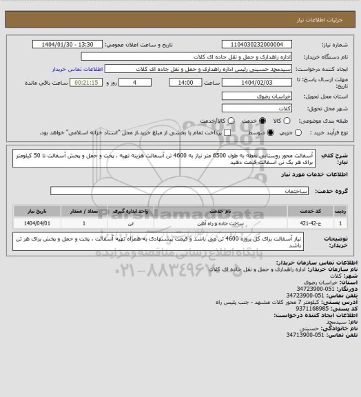 استعلام آسفالت محور روستایی نفطه به طول 6500 متر نیاز به 4600 تن آسفالت هزینه  تهیه ، پخت و  حمل و پخش آسفالت تا 50 کیلومتر برای هر یک تن آسفالت قیمت دهید
