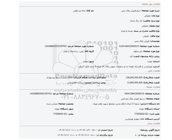 مزایده، فروش پلاک ثبتی