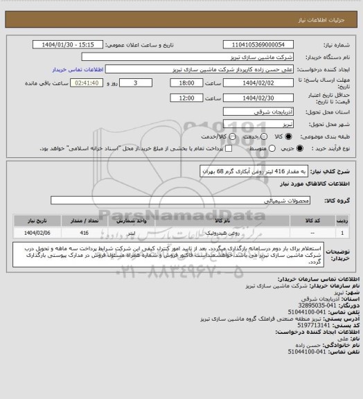 استعلام به مقدار 416 لیتر روغن آبکاری گرم 68 بهران