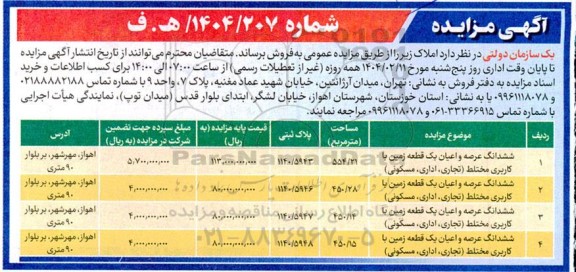 مزایده فروش املاک (چهار قطعه زمین با کاربری مختلط (تجاری، اداری، مسکونی))