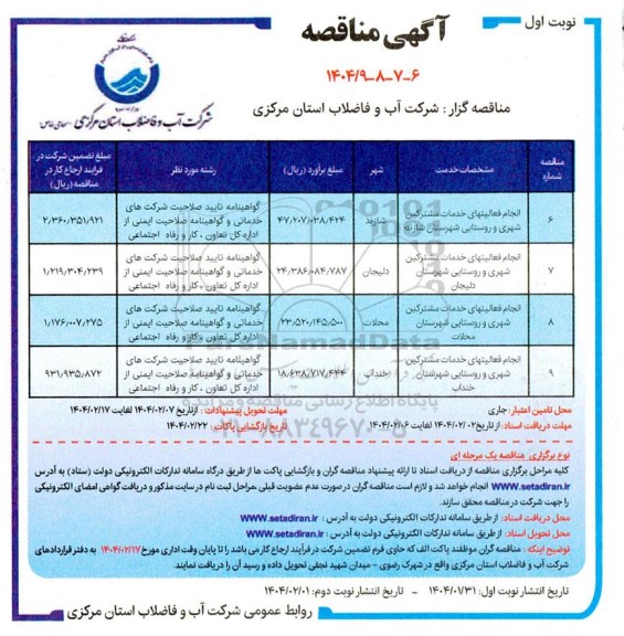 مناقصه انجام فعالیتهای خدمات مشترکین شهری و روستایی شهرستان...