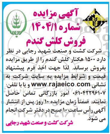 مزایده فروش 1500 هکتار کلش گندم