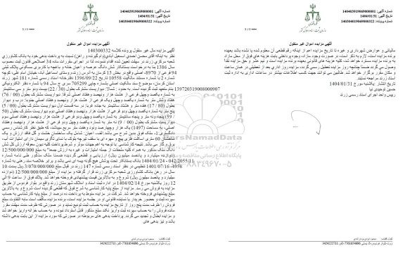 مزایده فروش شش دانگ عرصه و اعیان خانه و باغچه با کاربری مسکونی پلاک ثبتی 94 فرعی از 8970