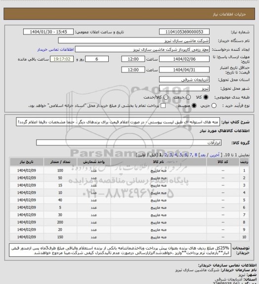 استعلام مته های استوانه ای طبق لیست پیوستی - در صورت اعلام قیمت برای برندهای دیگر ، حتما مشخصات دقیقا اعلام گردد!