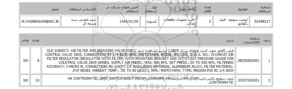 استعلام لیمیت سوییچ - فیلتر رگولاتور