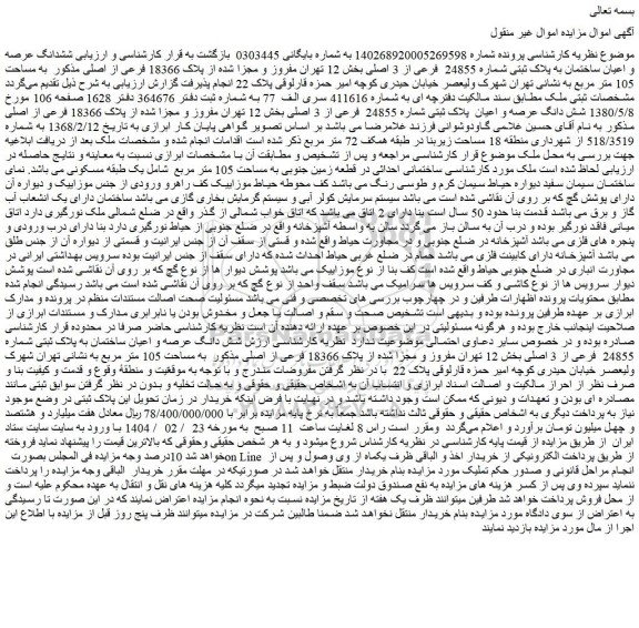 مزایده ششدانگ عرصه و اعیان ساختمان به پلاک ثبتی شماره 24855  فرعی از 3 اصلی
