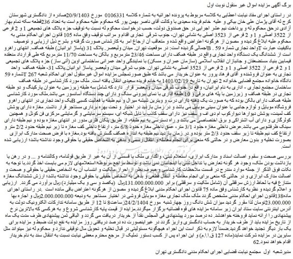 مزایده ششدانگ یک دستگاه واحد تجاری