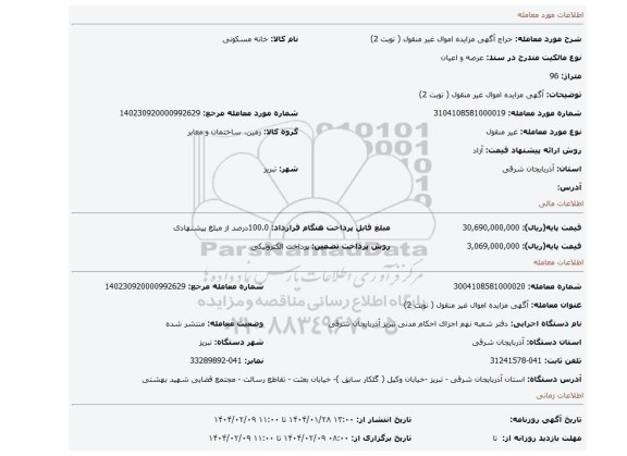 مزایده، آگهی مزایده اموال غیر منقول ( نوبت 2)