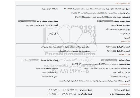 مزایده، سواری پراید- مدل:1382رنگ:سفید شماره انتظامی :87-992ب64