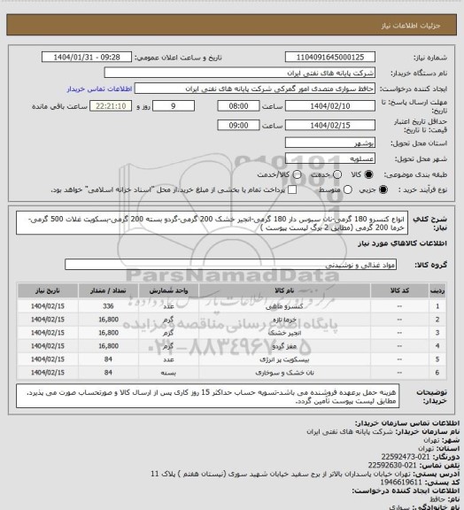 استعلام انواع کنسرو 180 گرمی-نان سبوس دار 180 گرمی-انجیر خشک 200 گرمی-گردو بسته 200 گرمی-بسکویت غلات 500 گرمی-خرما 200 گرمی (مطابق  2 برگ لیست پیوست )