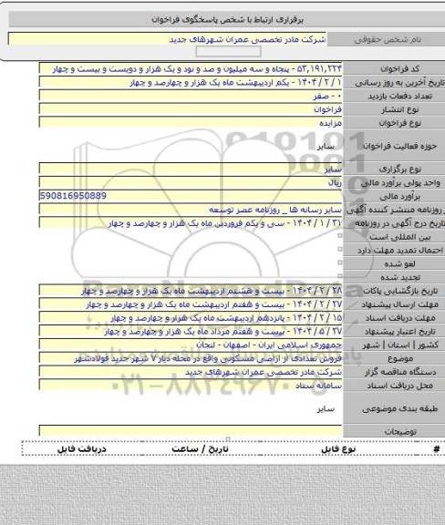مزایده, فروش تعدادی از اراضی مسکونی واقع در محله دیار ۷ شهر جدید فولادشهر