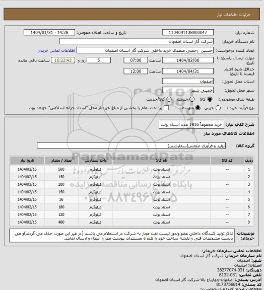 استعلام خرید مجموعاً 1816 عدد استاد بولت