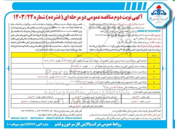  مناقصه خرید 288 متر لوله های فرایندی- نوبت دوم