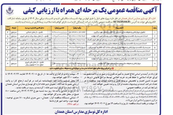 مناقصه عمومی تکمیل دیوارکشی و محوطه سازی مدرسه 14 کلاسه...