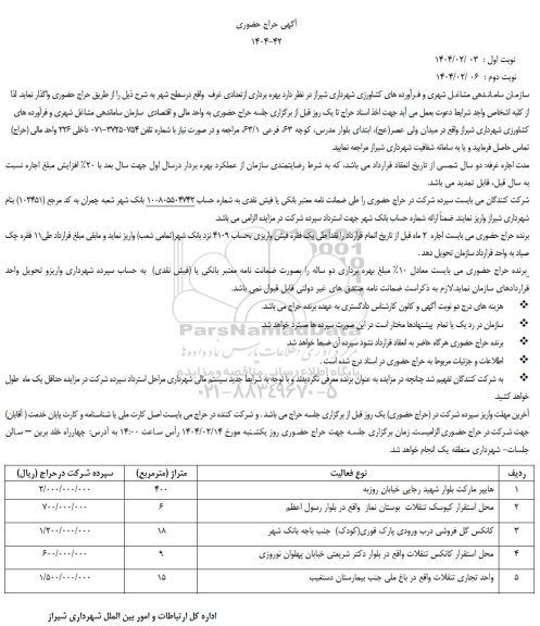حراج حضوری بهره برداری از تعدادی غرف واقع در سطح شهر 