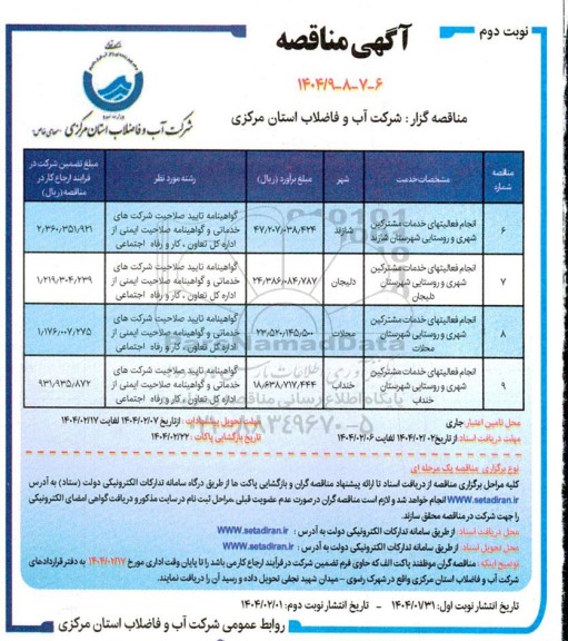 مناقصه انجام فعالیتهای خدمات مشترکین شهری و روستایی شهرستان...- نوبت دوم