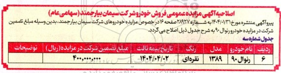 مزایده فروش خودرو اصلاحیه