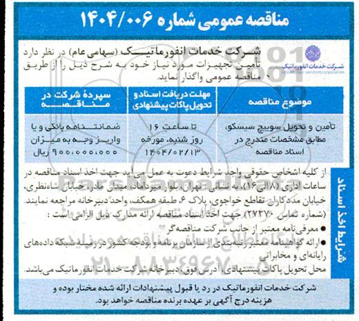 مناقصه تامین و تحویل سوییچ سیسکو 
