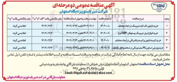 مناقصه عمومی خرید نایلون تک لایه شیرینگ در ابعاد مختلف...