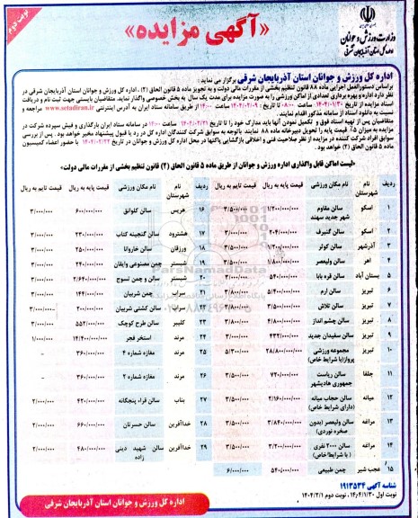 مزایده اداره و بهره برداری تعدادی از اماکن ورزشی نوبت دوم