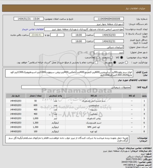 استعلام انواع سم زولون50لیتر-سایپرمترین600لیتر-کنفیدور400لیتر-آبامکتین400لیتر-روغن سیتوویت1000لیتر-اسیدهیومیک1300لیتر-کود مایع2020-1300لیتر-اوره100کیلو