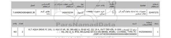استعلام تجهیزات راه اندازی وانواع گرم کن های صنعتی