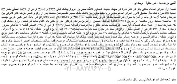 مزایده  فروش پلاک ثبتی 2726 و 2396 فرعی از 3624 اصلی