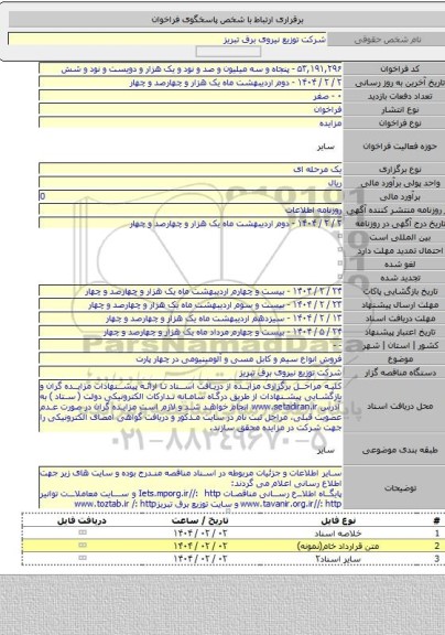مزایده, فروش انواع سیم و کابل مسی و آلومینیومی در چهار پارت