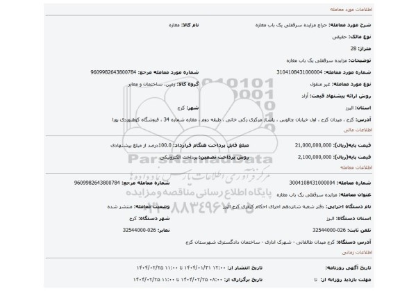 مزایده، مزایده سرقفلی یک باب مغازه