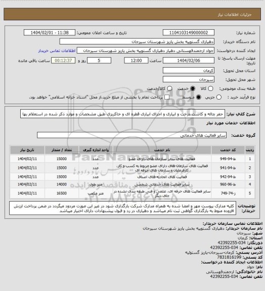 استعلام حفر چاله و کاشت درخت و ابیاری و اجرای ابیاری قطره ای و خاکریزی طبق مشخصات و موارد ذکر شده در استعلام بها