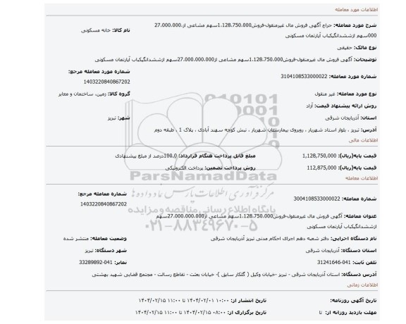 مزایده، آگهی فروش مال غیرمنقول-فروش1،128،750،000سهم مشاعی از27،000،000،000سهم ازششدانگیکباب آپارتمان مسکونی