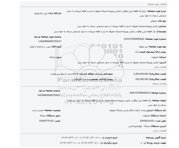 مزایده، یک قطعه زمین واقع در اراضی وینیچه-صحرای معروف به پشت قلعه میرزمان با حدود مشخص شمال به جوی بتنی