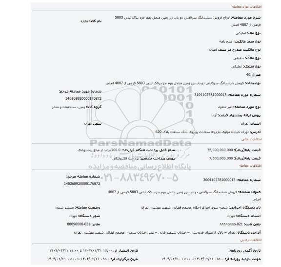 مزایده، فروش ششدانگ سرقفلی دو باب زیر زمین متصل بهم جزء پلاک ثبتی 5803 فرعی از 4887 اصلی