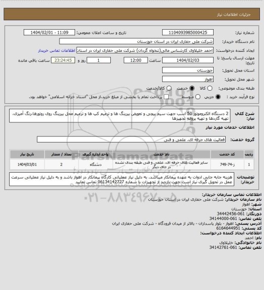استعلام 2 دستگاه الکتروموتور 50 اسب جهت سیم پیچی و تعویض بیرینگ ها و ترمیم کپ ها و ترمیم محل بیرینگ روی روتورها،رنگ آمیزی، تهیه گاردها و تهیه پروانه تجهیزها