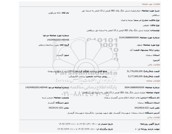 مزایده، مزایده شش دانگ پلاک 383 فرعی از 15 اصلی به استثنا حق سرقفلی