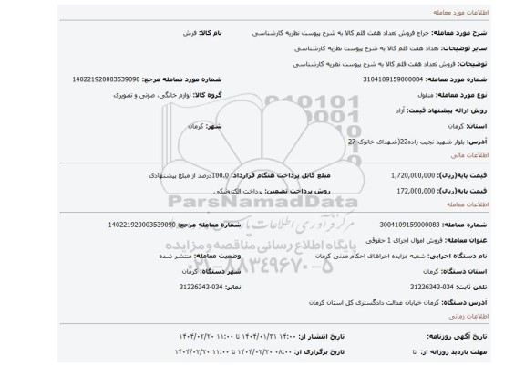 مزایده، فروش تعداد هفت قلم کالا به شرح پیوست نظریه کارشناسی