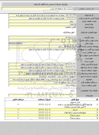 مناقصه, تعمیر و نگهداری ابنیه ساختمانی پست های انتقال و فوق توزیع استان کردستان