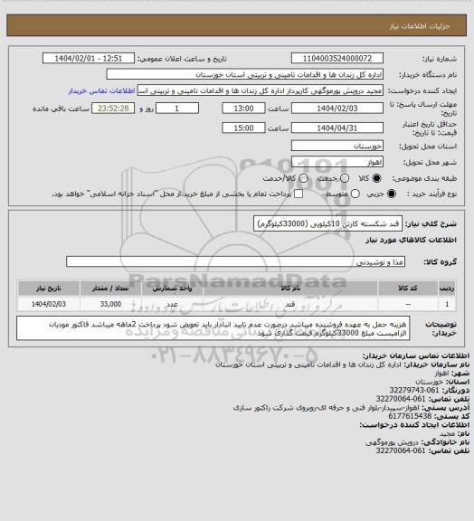 استعلام قند شکسته کارتن 10کیلویی (33000کیلوگرم)