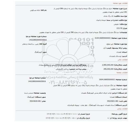 مزایده، دو دانگ مشاع از شش دانگ عرصه و اعیان پلاک ثبتی به شماره 396 فرعی از 261 اصلی متعلق به مهدی یعقوبی