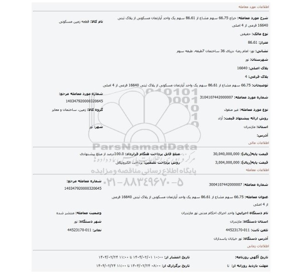 مزایده، 66.75 سهم مشاع از 86.61 سهم یک واحد آپارتمان مسکونی از پلاک ثبتی 16640 فرعی از 4 اصلی