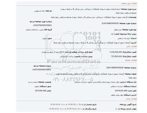 مزایده، آپارتمان بجنورد-شهرک فرهنگیان، خ رودکی، نبش رودکی 8 در طبقه سوم از مجتمع مسکونی چهار طبقه