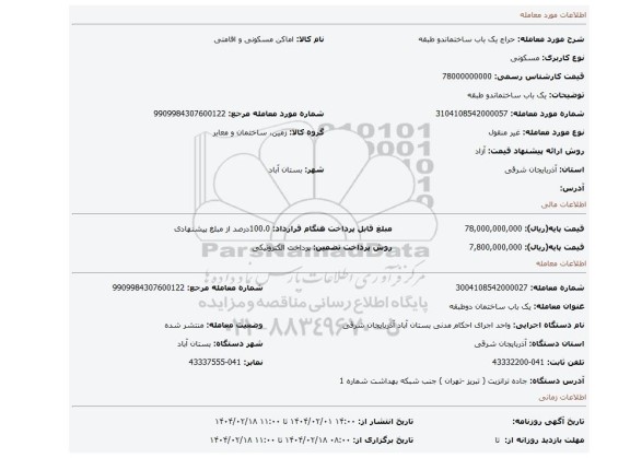مزایده، یک باب ساختماندو طبقه