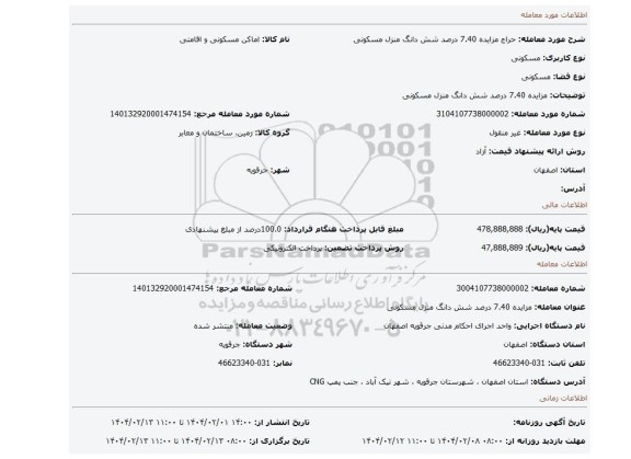 مزایده، مزایده 7.40 درصد شش دانگ منزل مسکونی