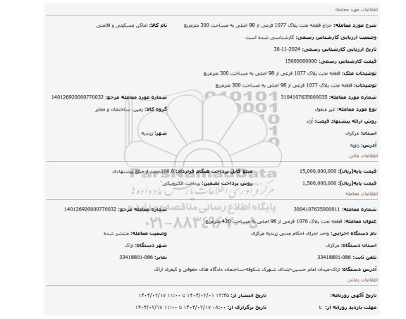 مزایده، قطعه تحت پلاک 1077 فرعی از 98 اصلی به مساحت 300 مترمربع