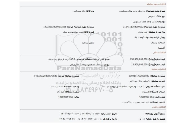 مزایده، یک واحد ملک مسکونی